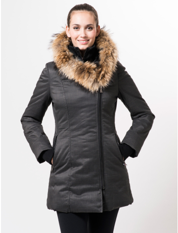 ¾ length asymmetric A-line coat with genuine fur trim by SICILY