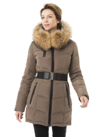 ¾ length asymmetric A-line belted coat with genuine fur trim by SICILY